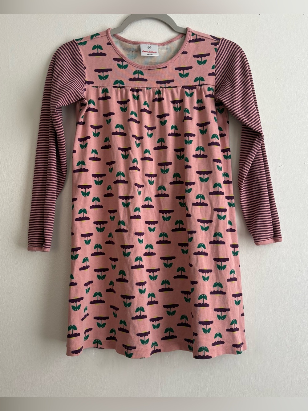 Hanna Andersson Girls US 10 EU 140 Pink Floral Knit A-Line Dress LS Cotton